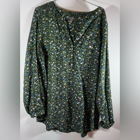 J Jill Green Floral V-Neck Button Blouse Women's Size Medium - Picture 6 of 9